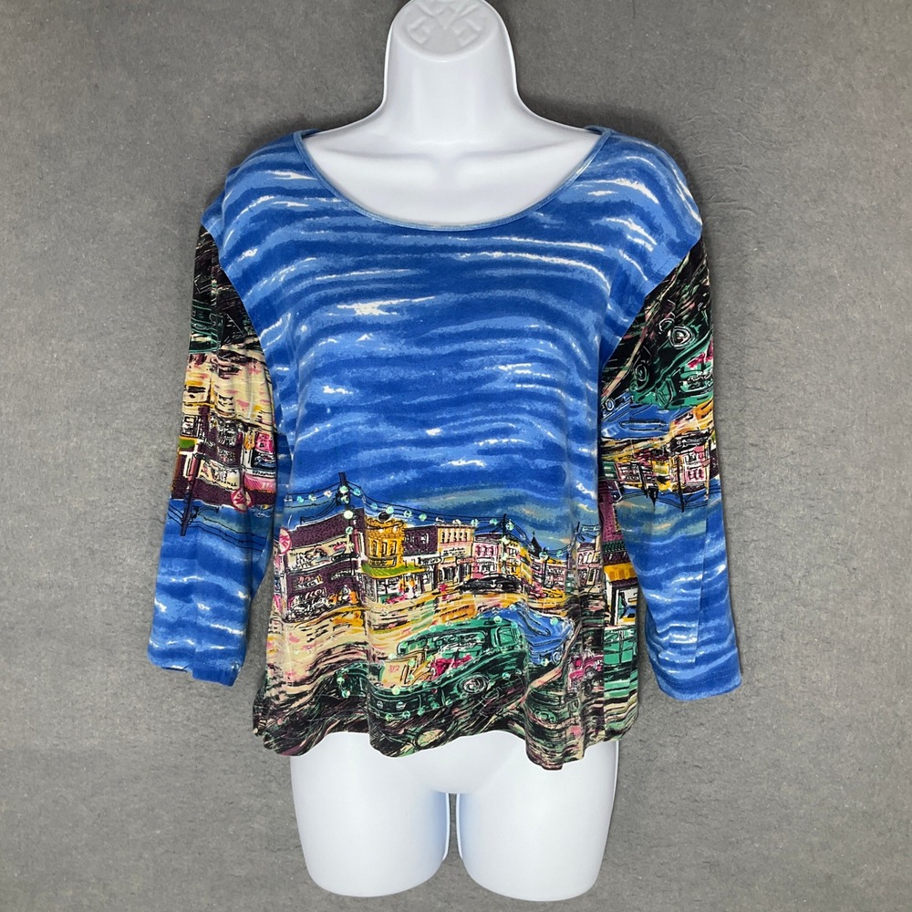 Ocean Town Scenery Top‎ Womens Sz M Blue Novelty 3/4 Sleeve Travel Vacation